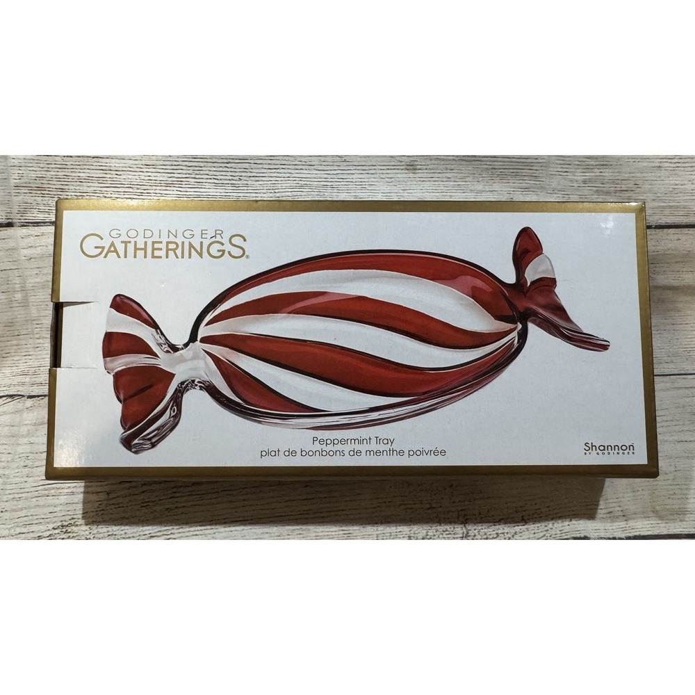 NIB Godinger Gatherings Candy Dish Peppermint Tray Crystal Christmas Red Tub18